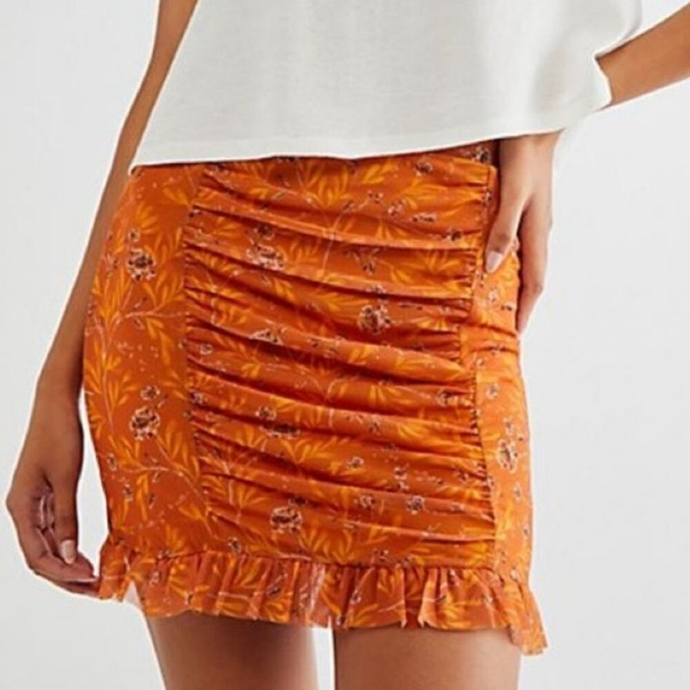 Free People Romi Mesh Mini Skirt M Shirred Orange Dainty Feminine Floral Print